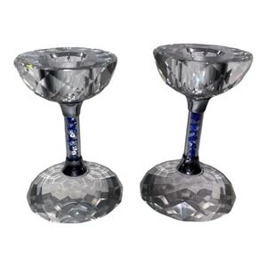 Oleg Cassini Crystal Candlesticks Signed Blue Clear Rhinestone Filled‎
